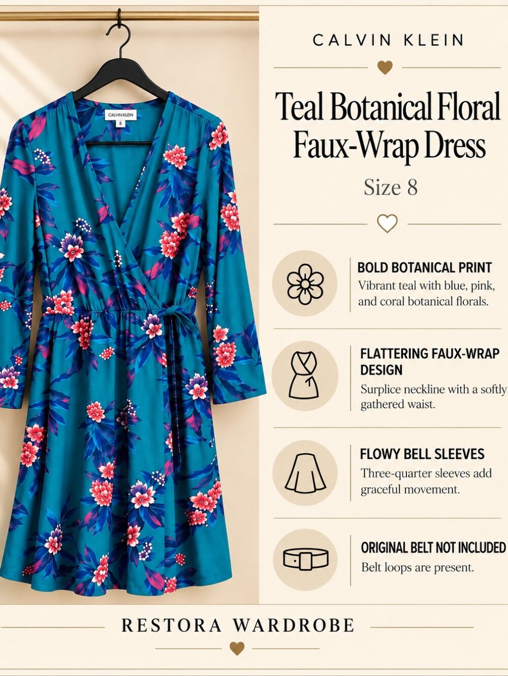 Calvin Klein Teal Floral Faux Wrap Dress Bell Sleeve V Neck Size 8